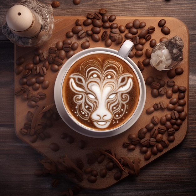 A cup of latte art with a goat face on it.