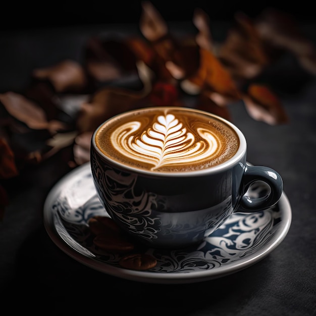A cup of latte art with a leaf design on the rim