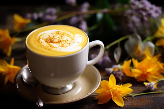 a cup of latte art with yellow flowers on a table