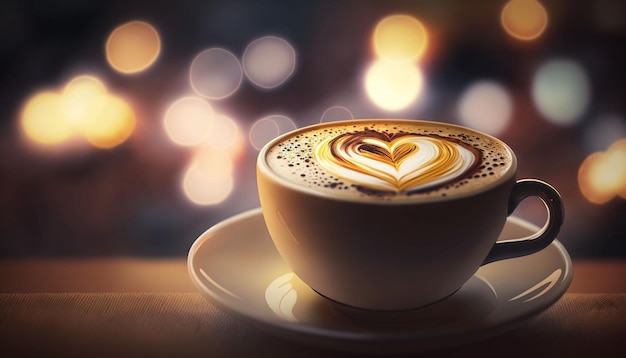 Foto tazza di caffè latte con cuore su sfondo sfocato bokeh