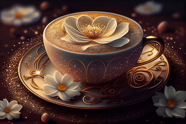 Tazza di latte con schiuma e arte floreale all'interno dell'ia generativa