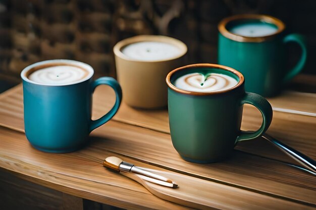 Photo a cup of latte with a spoon on a table.