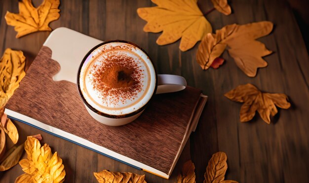 A cup of latte with sprinkled design next to an old book on a wooden table and autumn leaves