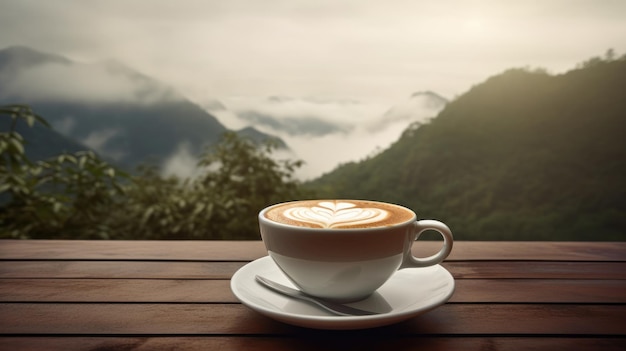 A cup of latte on a wooden table with mountains in the background.