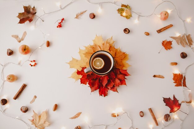 Cup of lemon tea in frame of orange and red leaves creative autumn pattern postcard copy space top view