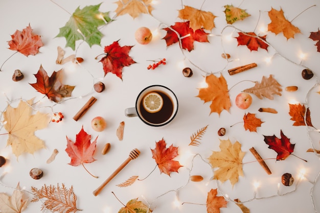 Cup of lemon tea in frame of orange and red leaves creative autumn pattern postcard copy space top view