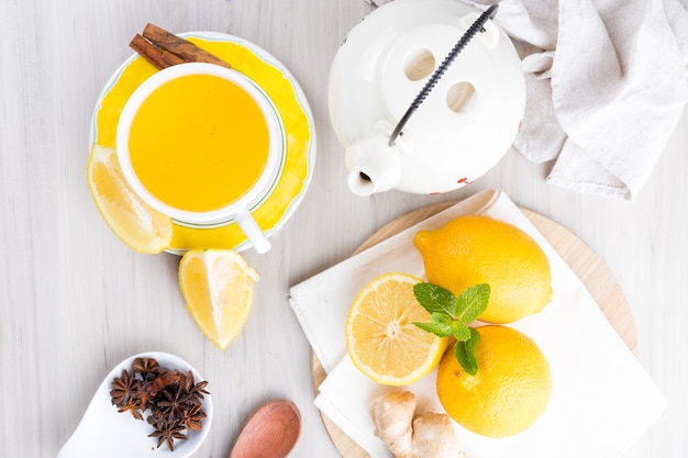 Cup of lemon tea with spices