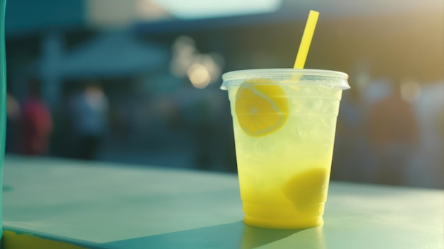 A cup of lemonade with a straw on it