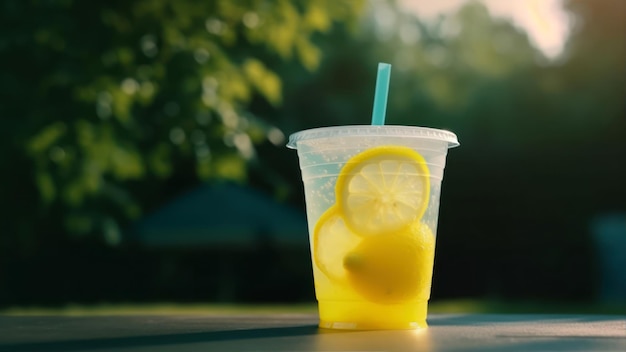 A cup of lemonade with a straw on top of it