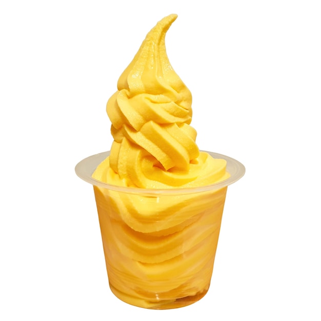 A cup of mango flavored yogurt with a white background