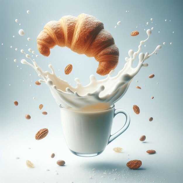 a cup of milk and a croissant splash