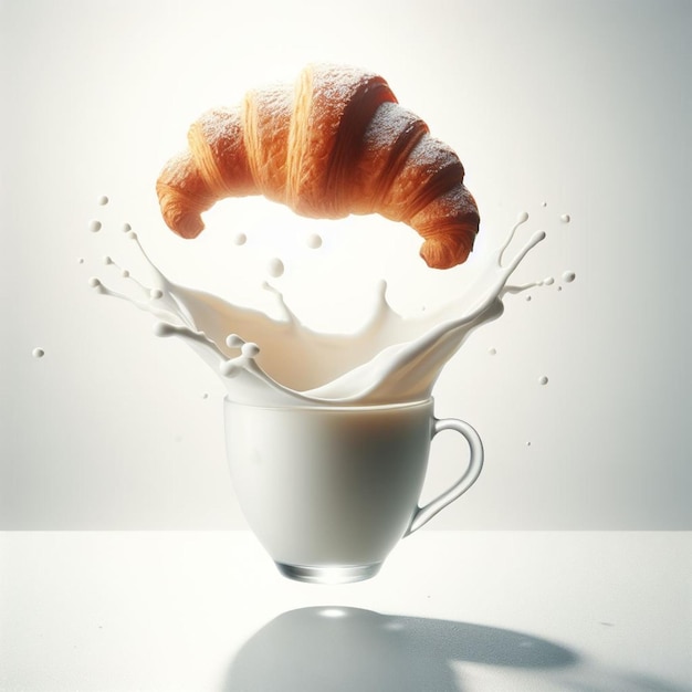 a cup of milk and a croissant splash