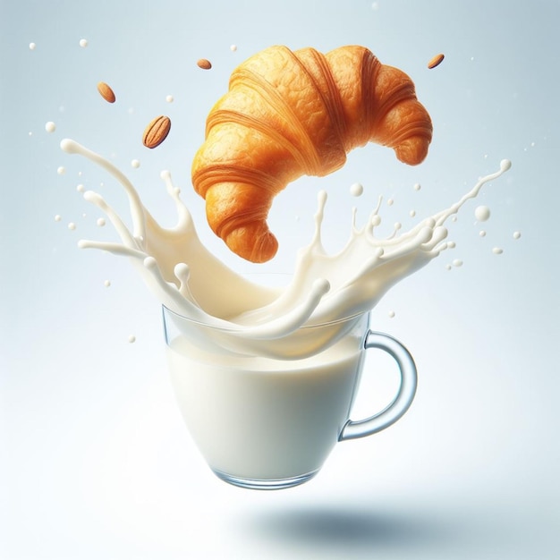 a cup of milk and a croissant splash