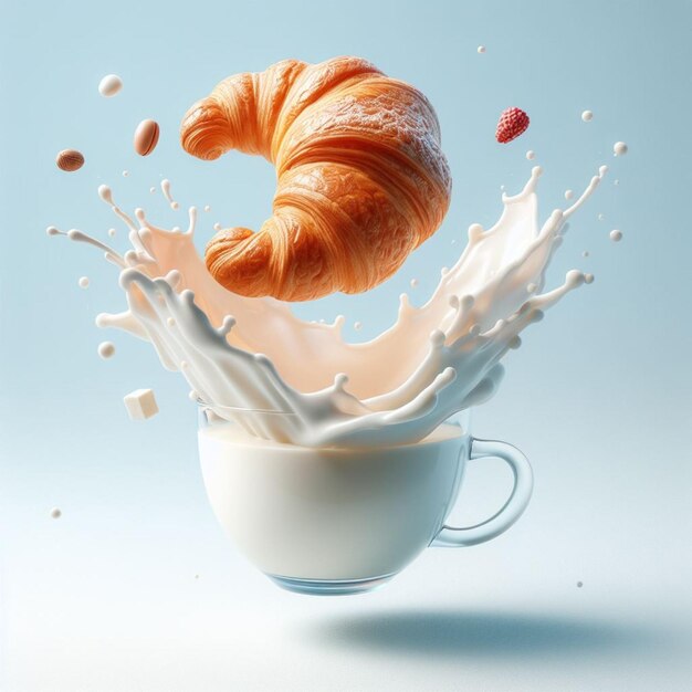 a cup of milk and a croissant splash