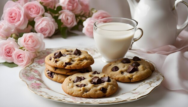 Photo a cup of milk next to a cup of milk and cookies