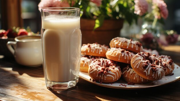 Cup of milk and glazed donuts on table