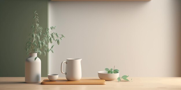 Cup and milk jug on wooden tray next to potted plant and bowl on flat surface Created with Generative AI technology