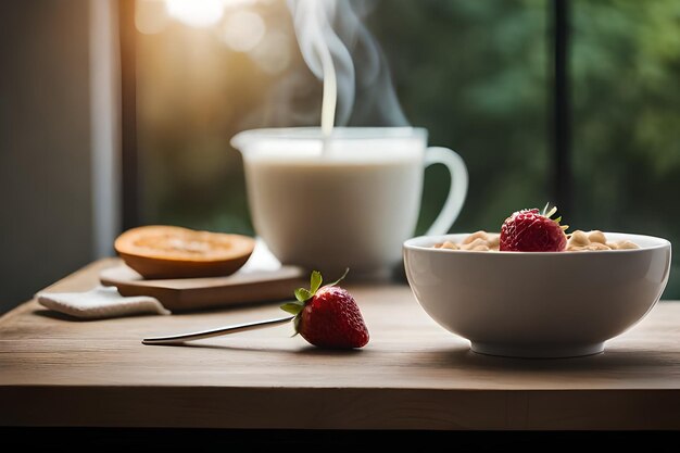 a cup of milk and a strawberry on a table.