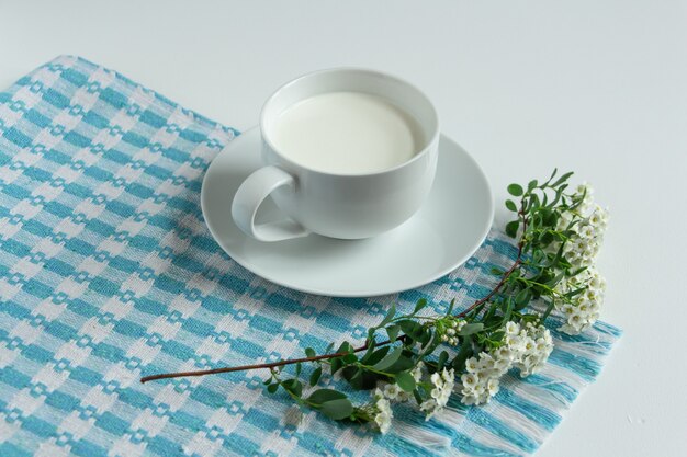 Cup of milk on a white background on a blue checkered napkin