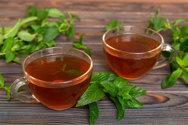 Cup of mint tea on table background Green tea with fresh mint top view with copy space