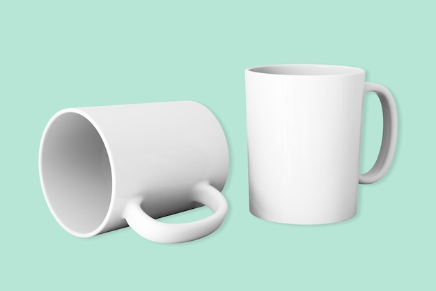 Cup mock up two white ceramic on green background