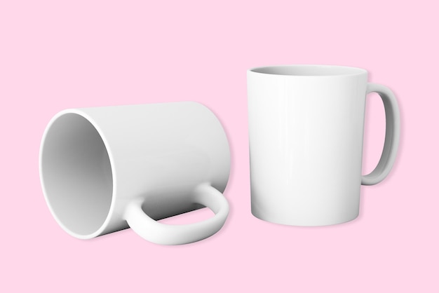 Cup mock up two white ceramic on pink background