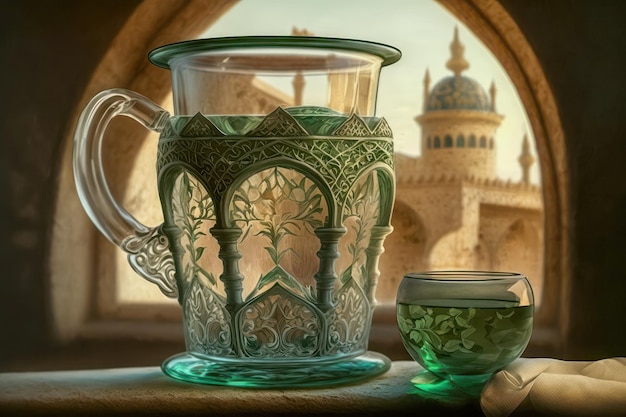 Cup of Moorish tea in the window with views of the Mosque Creative AI