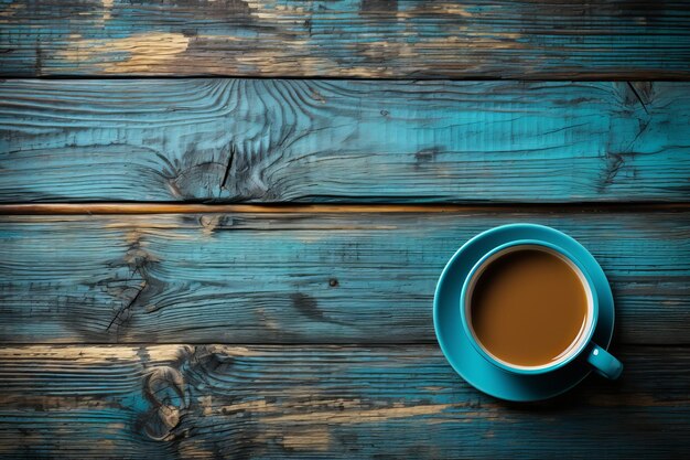 A cup of morning coffee on blue wooden table the magic of a peaceful morning scene