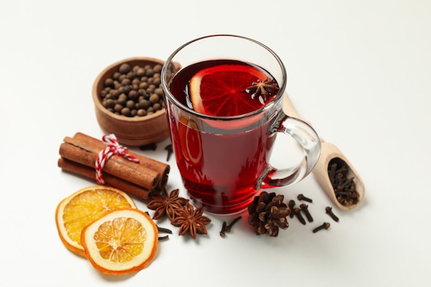 Cup of mulled wine and ingredients