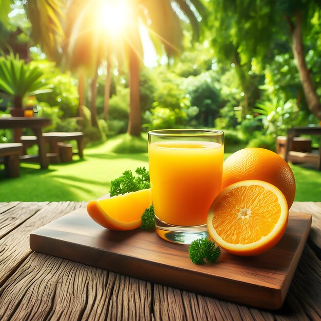Premium AI Image A cup of natural orange juice on a wooden table in the home garden