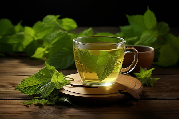 Photo cup of nettle tea on dark wooden table