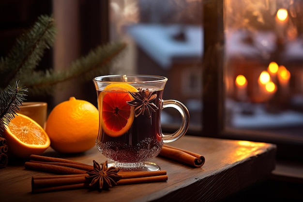 写真 秋または冬のホットワインまたはスパイスとオレンジのスライスを添えたグリューワインのカップ