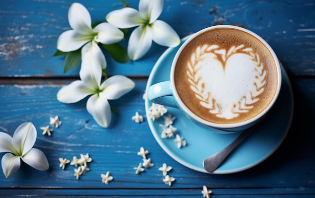 Фото Чашка капучино, кофе, лилия, цветочное сердце и надпись 