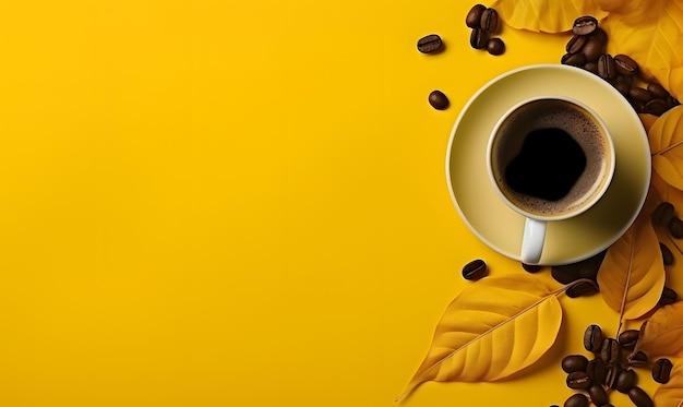 写真 コーヒーの葉のカップ背景にコーヒー豆