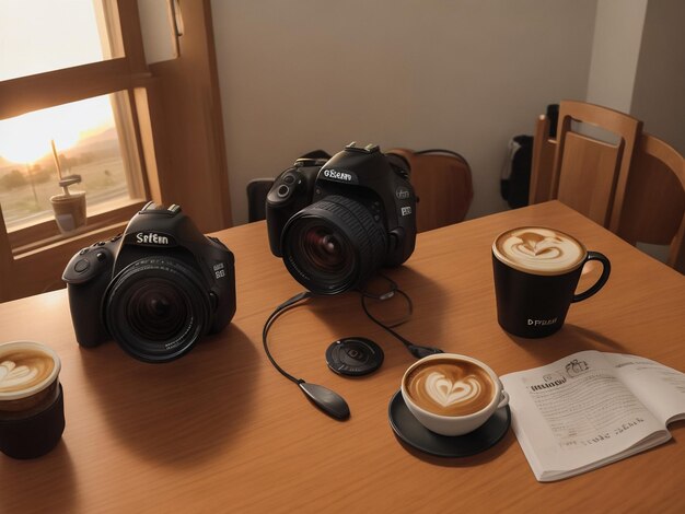 写真 背景と日光にデジタル一眼レフカメラを備えた木のテーブルの上にコーヒーを一杯