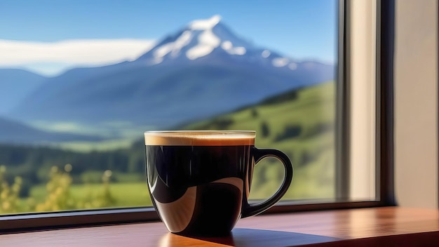 写真 窓の外の山の景色を眺めながら一杯のホットコーヒー