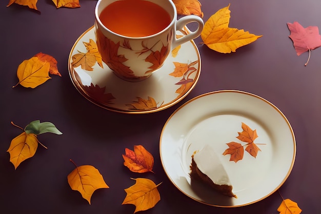 Фото Чашка чая с осенними листьями