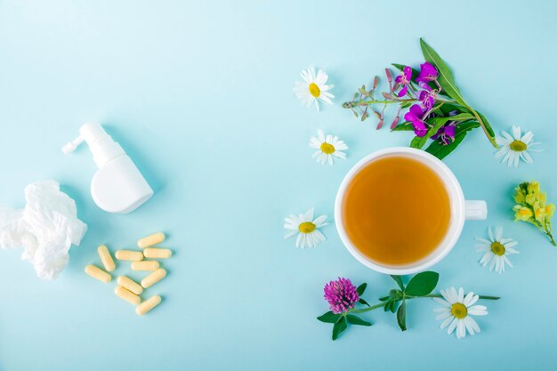 カモミールの花と咲くサリーとピルが入ったお茶、鼻水と喉にスプレーします。季節の病気と風邪、インフルエンザ、熱の治療。漢方薬と従来の薬。