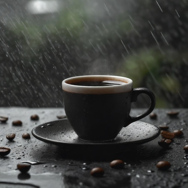 黒い表面の石にコーヒーを飲み,背景に雨を降らせる