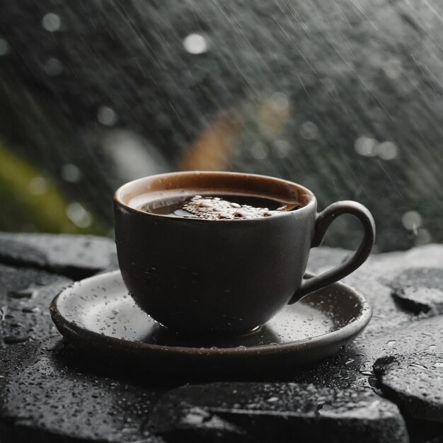 黒い表面の石にコーヒーを飲み,背景に雨を降らせる