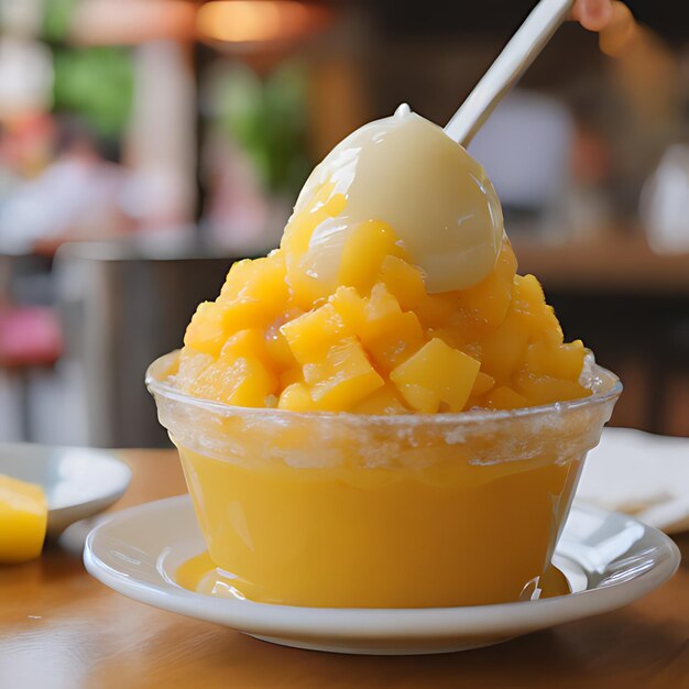 a cup of pineapple and mango ice cream sits on a table