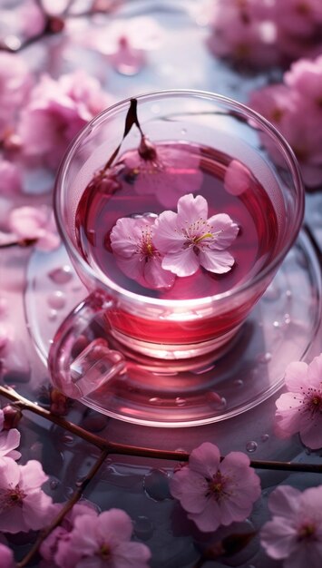 a cup of pink tea with flowers in it