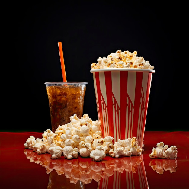 Photo a cup of popcorn and a drink with a straw in it