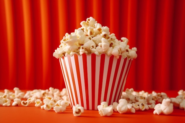 a cup of popcorn with a red striped background and a red and white striped bag.