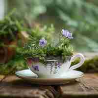 Photo a cup of purple flowers sits on a table