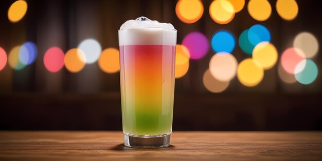 Photo a cup of rainbow colored summer beer sits on a table in front of a colorful lights