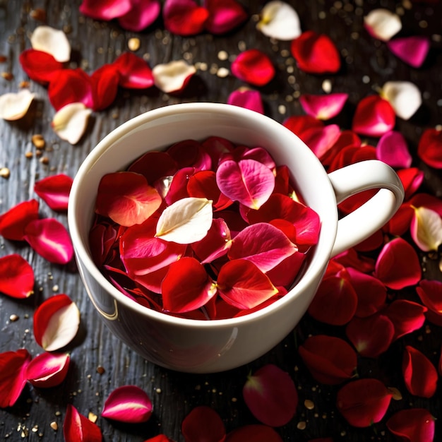 Photo a cup of romance with a mug filled with rose flower petals