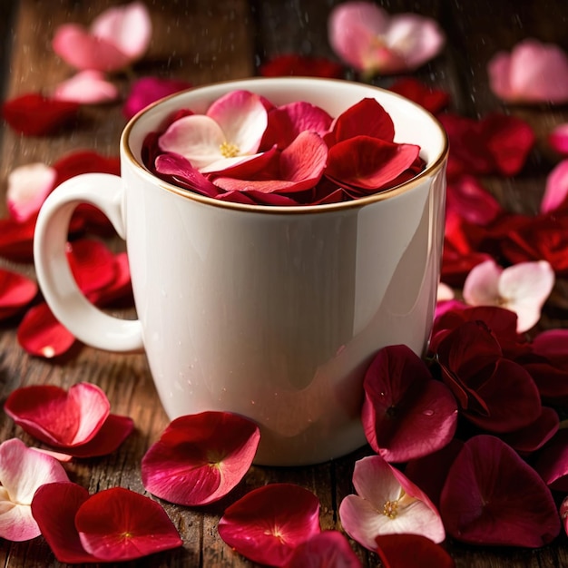 A cup of romance with a mug filled with rose flower petals