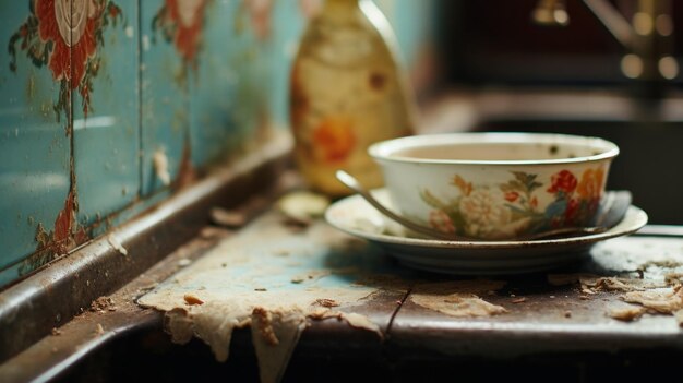 Photo a cup and saucer sitting on a dirty counter top ai