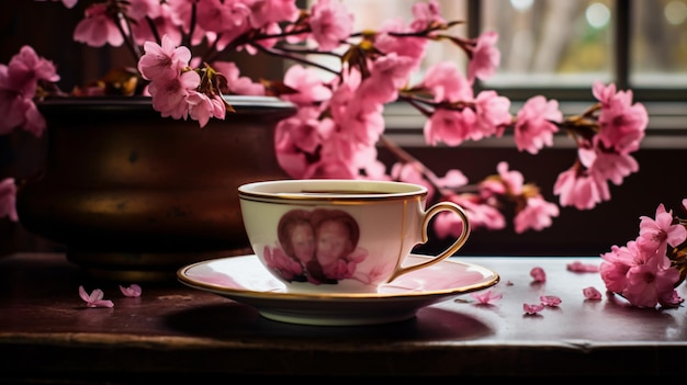 분홍색 꽃이 있는 테이블 위에 컵과 접시